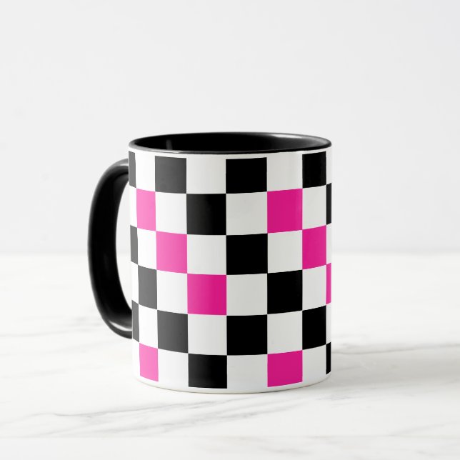 Taza Pink Black White Checkered Pattern Design  (Anverso izquierdo)