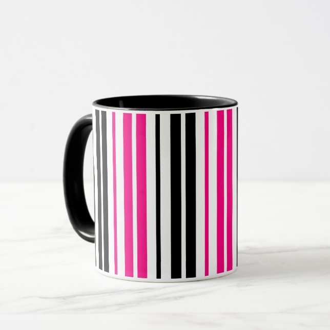 Taza Pink Black White Stripes Pattern Design  (Anverso izquierdo)