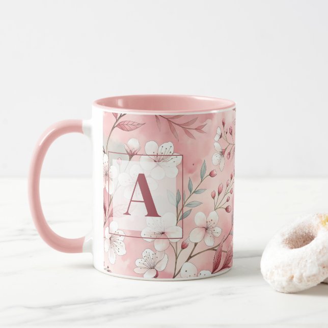 Taza Pink cherry blossom monogram (Con donut)