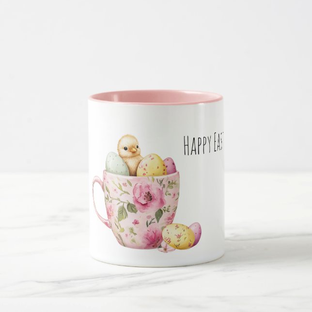 Taza Pink Floral Cup of Easter Eggs Baby Chick (Centro)