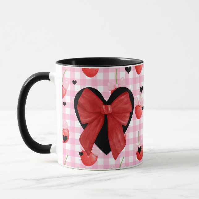 Taza Pink Gingham Mug Black Hearts & Red Bow Cute Gift (Izquierda)