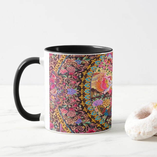 Taza Pink Gold Blue Flores Florales Persas Peacock (Con donut)