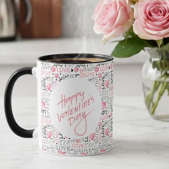 Taza Pink Hearts Love Typography Happy Valentine's Day (Subido por el creador)