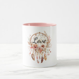 Taza Pink Love Boho Floral Feathers Dream Catcher