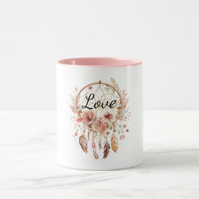 Taza Pink Love Boho Floral Feathers Dream Catcher (Centro)