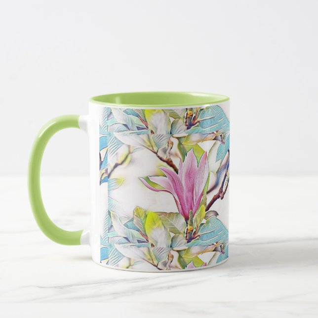 Taza Pink magnolia flower watercolor blue background    (Izquierda)