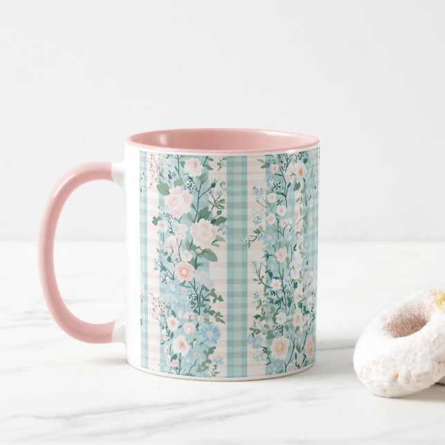Taza Pink Mint Green Floral Gingham Grand Millennial (Con donut)