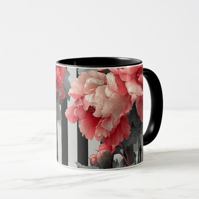 Taza pink peonies and black and white stripes (Anverso derecho)