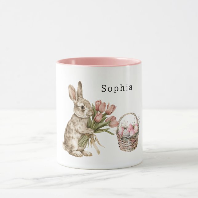 Taza Pink Tulips Bunny Rabbit Easter Eggs Basket (Centro)