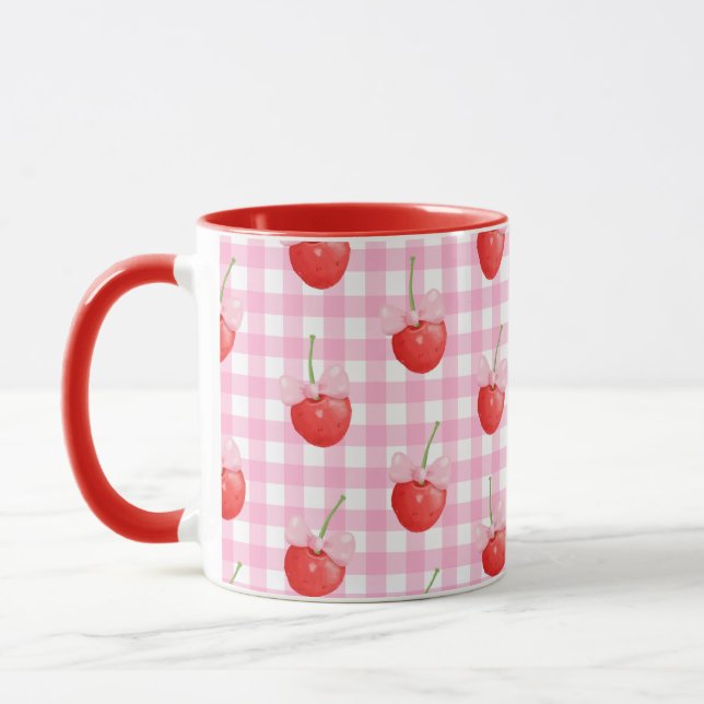 Taza Pink White Gingham Mug Cute Strawberry Print (Izquierda)