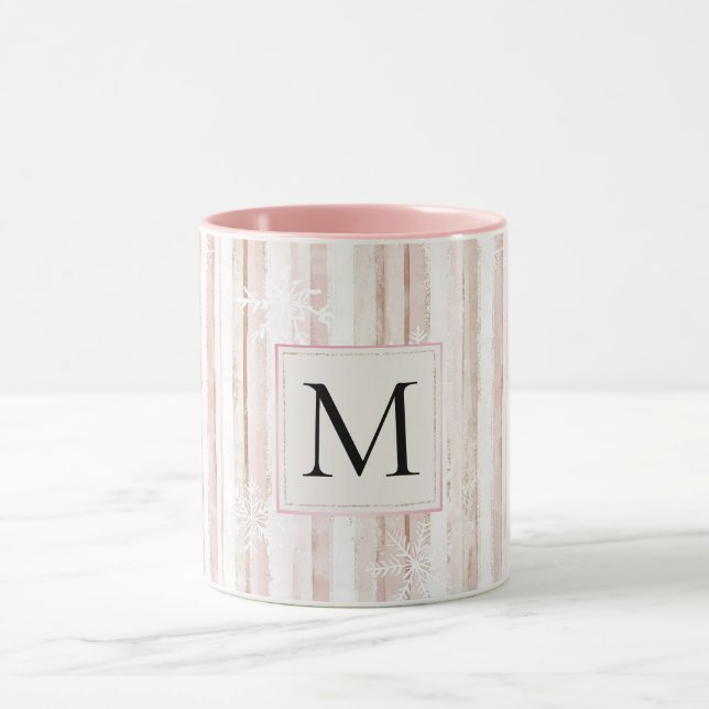 Taza Pink White Snowflakes Stripes Monogram (Centro)