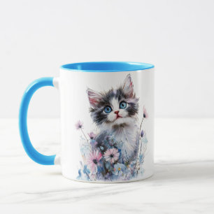 Taza pintada de gatito lindo en flores