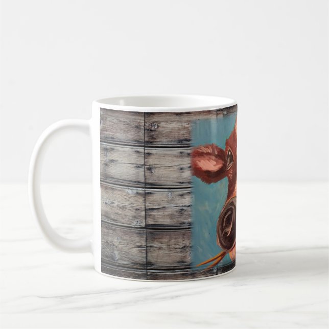 Taza pintada de la vaca y de madera del granero (Izquierda)