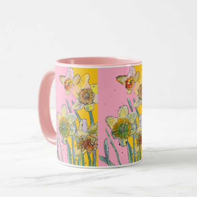 Taza Pintado de Daffodil Color de agua amarillo Pink fl (Anverso izquierdo)