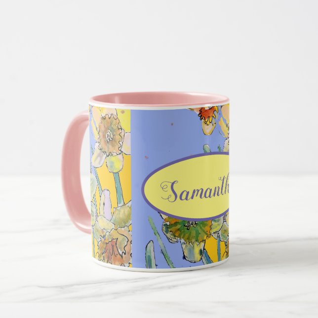 Taza Pintado de Daffodil Color de agua amarillo Púrpura (Anverso izquierdo)