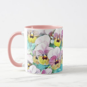 Taza Pintura acuarela de tonos rosas, amarillos y blanc