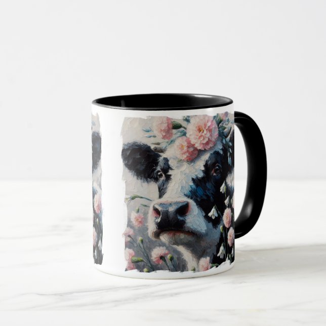 Taza Pintura de granja de la vaca Holstein en las flore (Anverso derecho)