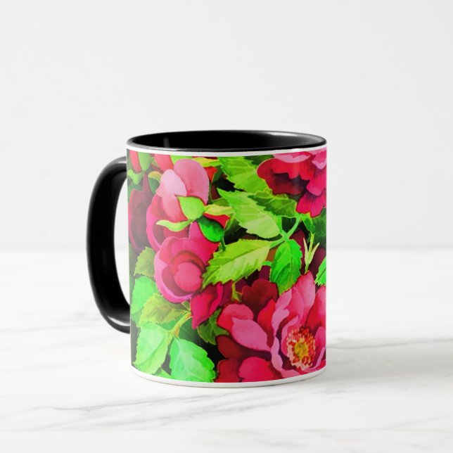 Taza Pintura de hojas verdes de flores rojas (Anverso izquierdo)