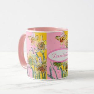 Taza Pintura de narciso acuarela Amarillo Rosa floral