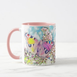 Taza Pintura de una mariposa rosa sobre flores de color