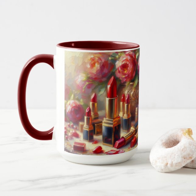 Taza Pintura impresionista con lápiz labial y flores (Con donut)