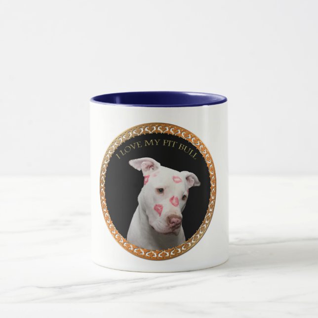 Taza Pitbull blanco con besos del rojo por todo su cara (Centro)