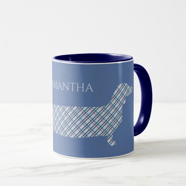 Taza Plaid Dachshund sobre el azul personalizado (Anverso derecho)