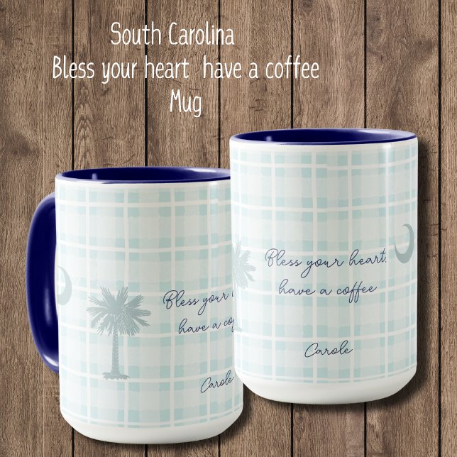 Taza Plaid South Carolina con palmera y luna  (Bless Your Heart, Have a Coffee mug. Personalize to make it your own. South Carolina Flag with plaid)
