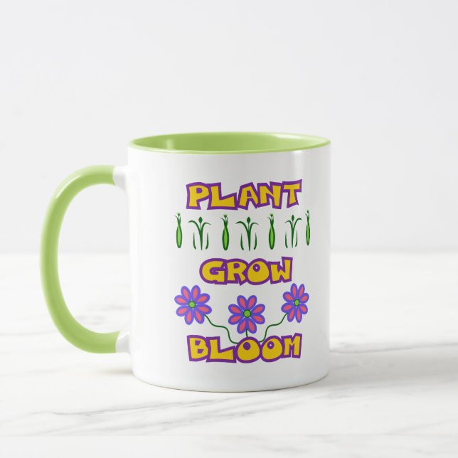 Taza Plant Groom Bloom Cita Flores rosadas Texto amaril (Izquierda)