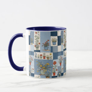 Taza Plantas y azul retro Jean Denim Patchwork Floral