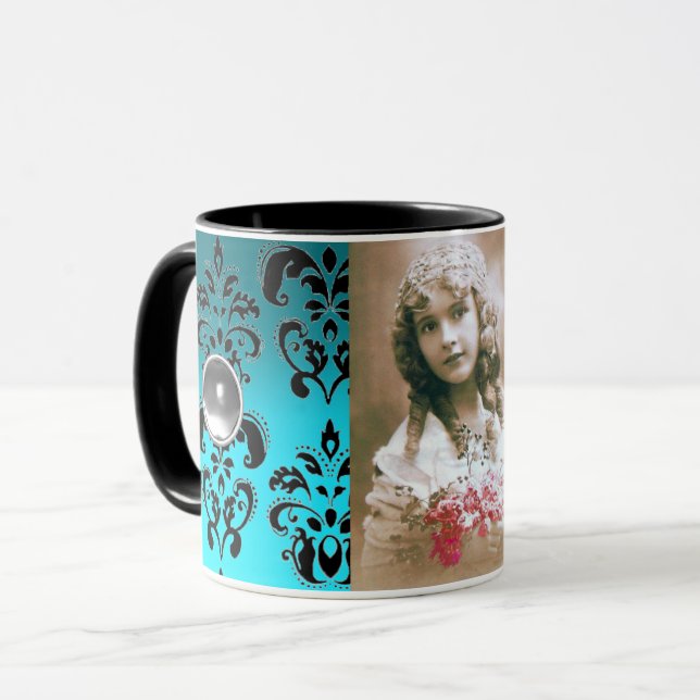 TAZA PLANTILLA DE FOTO DE GEMSTONE AZUL DAMASK BLACJ (Anverso izquierdo)