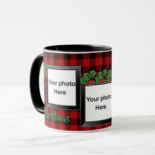 Taza Plantilla de foto personalizada clásica de plaid r (Anverso izquierdo)