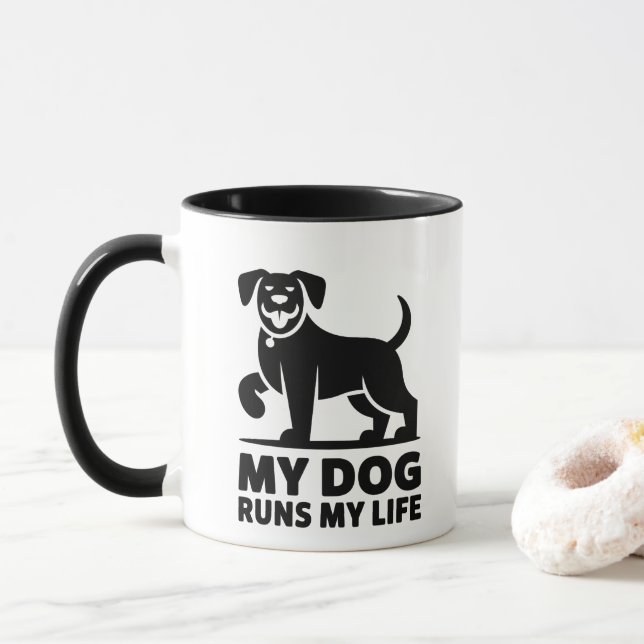 Taza Playful Dog Outline "My Dog Runs My Life" Art (Con donut)
