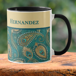 Taza Pluma de pavo real Paisley Verde azulado Dorado No