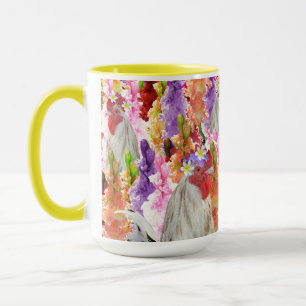 Taza Plumas y flores: Rooster entre los hollyhocks