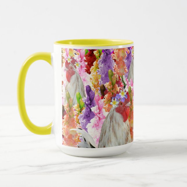 Taza Plumas y flores: Rooster entre los hollyhocks (Izquierda)
