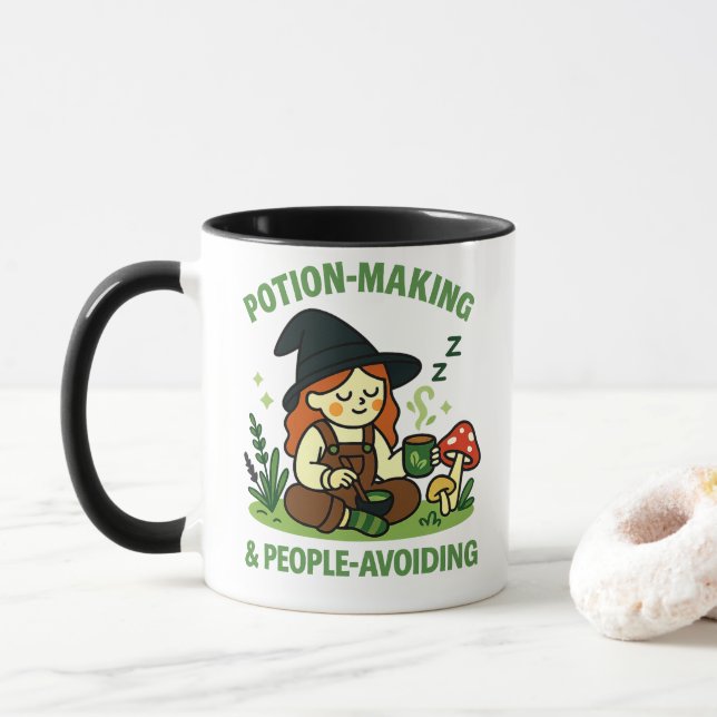 Taza Poción‑Elaboración & Gente‑Evitando – Bruja Divert (Con donut)