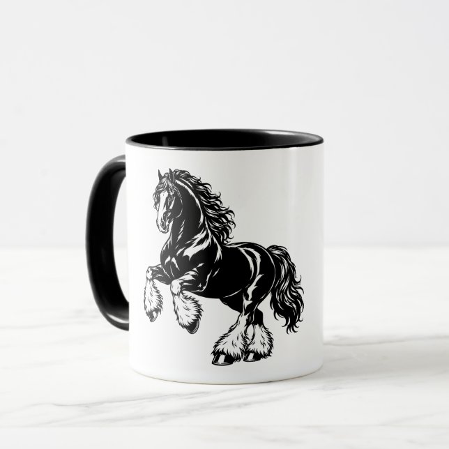 Taza Poderosa ilustración de caballo Shire negro y blan (Anverso izquierdo)