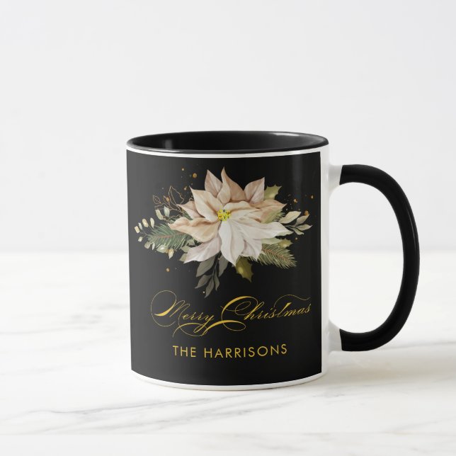 Taza Poinsettia blanca y caligrafía navideña de Feliz (Derecha)