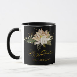 Taza Poinsettia blanca y caligrafía navideña de Feliz