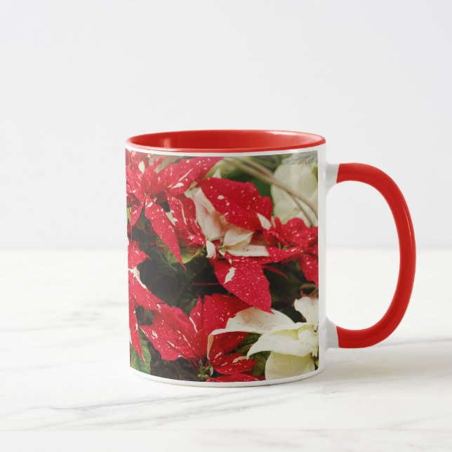 Taza Poinsettias florales blancas rojas festivas (Derecha)