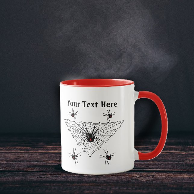 Taza Poison Black Window Spids Black Triangle Web (Creepy poison black widow spiders in and around triangle shaped black web on coffee or tea mug.)