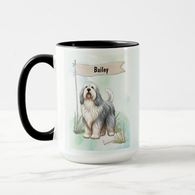 Taza Polish Lowland Sheepdog Watercolor Personalize Dog (Izquierda)