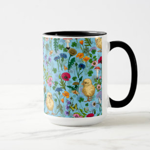 Taza Pollos y flores silvestres en azul bebé