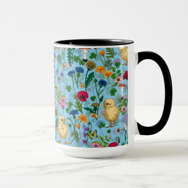 Taza Pollos y flores silvestres en azul bebé (Derecha)