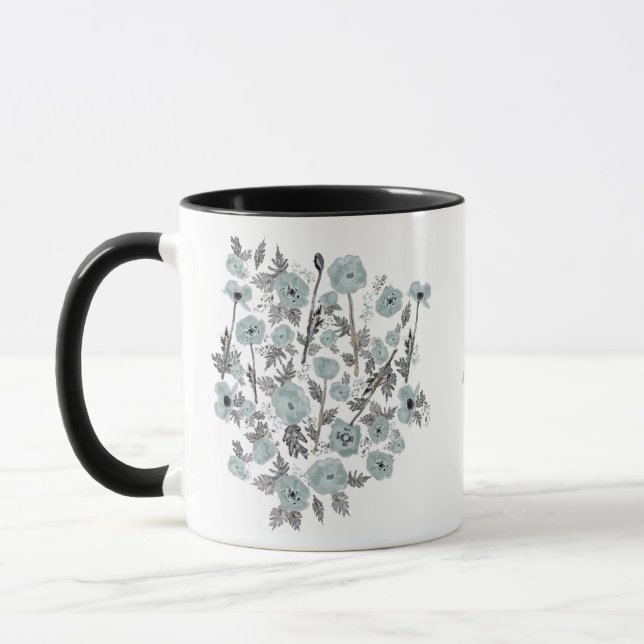 Taza Poppies Flores De Agua Azul Gris Con Nombre (Izquierda)