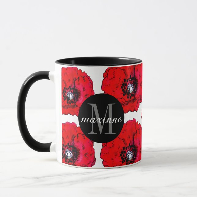 Taza Poppies rojos Añadir su nombre e inicial (Izquierda)
