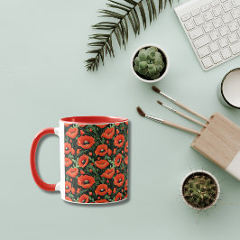 Taza Poppies rojos Flores Verdor floral por todas parte