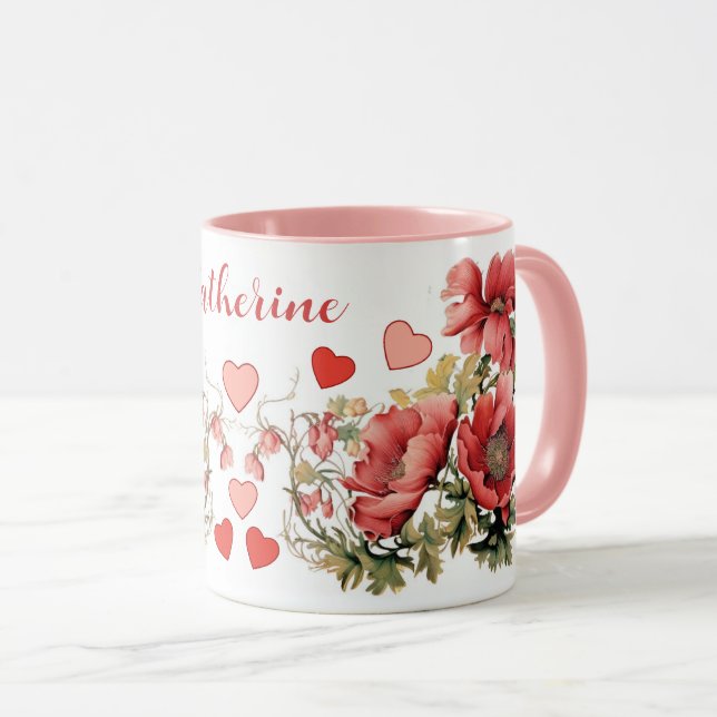Taza Poppies y corazones románticos personalizados (Anverso derecho)