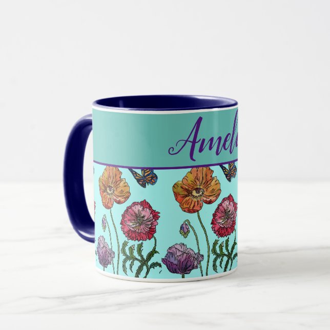 Taza Poppy Poppies Red Shabby Chic Aqua Florales (Anverso izquierdo)